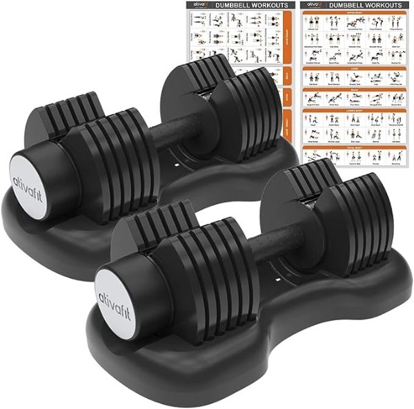 ATIVAFIT Adjustable 44LBS Pair/ 66LBS Pair/ 88 LBS Singel Dumbbell Free Weights Dumbbell Multiweight Options for Men Women Full Body Workout Fitness Home Gym