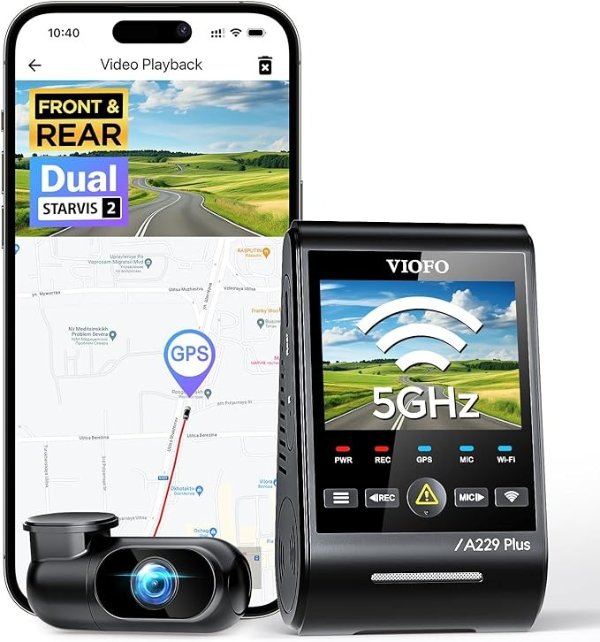 VIOFO A229 Plus Dash Cam with Dual STARVIS 2 Sensors, 2 Channel HDR, 1440P+1440P Front and Rear, Voice Control Car Dash Camera, 5GHz Wi-Fi, Ultra-Precise GPS, 24 Hours Parking Mode, Support 512GB Max