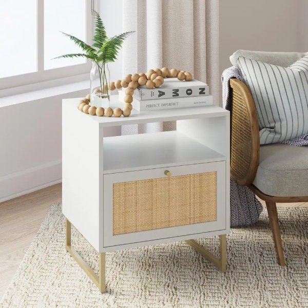 Mina White/Gold Accent Table with Rattan Storage Door Living Room End Table Bedroom Nightstand 22 in. x 19 in. x 17 in.