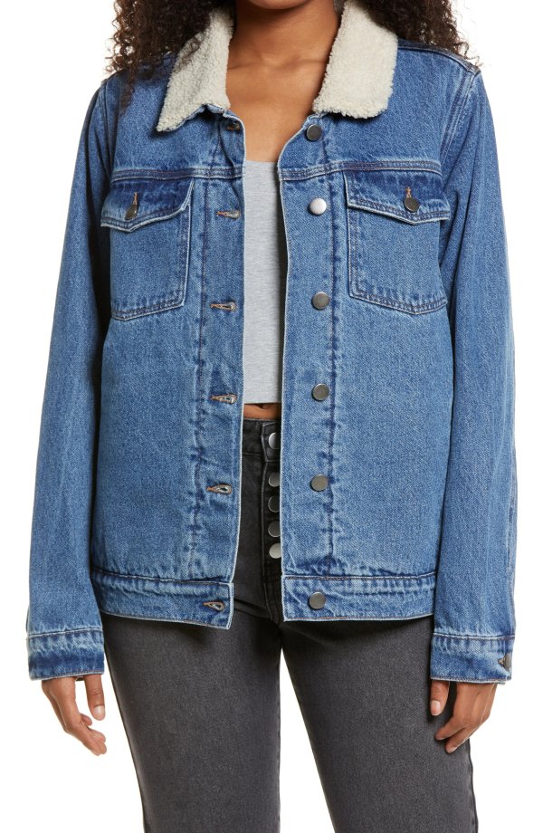Denim Oversize Trucker Jacket with Faux Shearling Collar