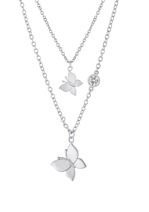 Boxed Fine Silver Plated 14" + 2" Butterfly and 16" + 2" Cubic Zirconia Butterfly Mom & Me Necklace Set