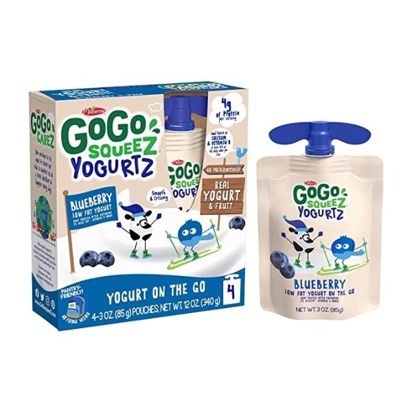 yogurtZ, Blueberry, 3 Ounce (4 Pouches), Low Fat Yogurt, Gluten Free, Pantry-friendly, Recloseable, BPA Free Pouches