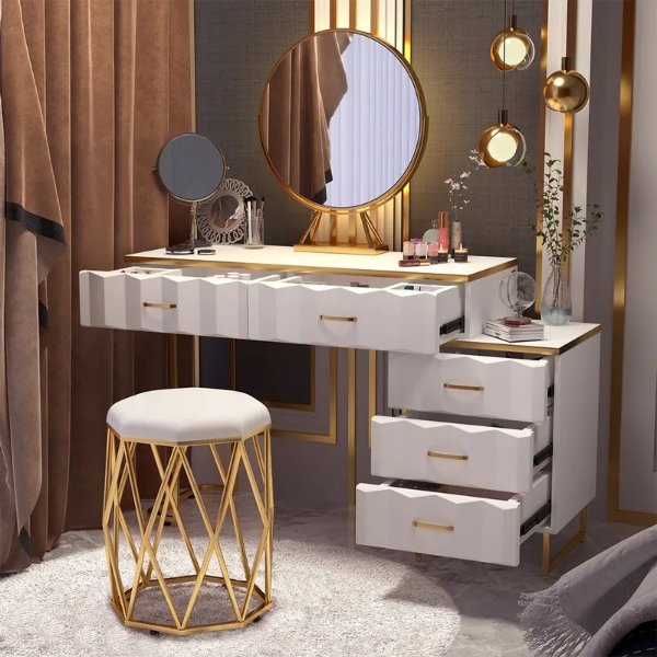 Modern White Extendable Makeup Vanity 5 Drawers Dressing Table Set with Stool and Mirror-Homary