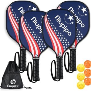niupipo Pickleball Paddles, Pickleball Set with Balls and 1 Carry Bag, 7-ply Basswood Wood Pickleball Paddles, Pickleball Rackets with Ergonomic Cushion Grip, Wooden Pickleball Paddle for Beginner