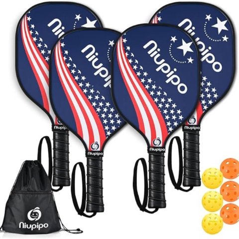niupipo Pickleball Paddles, Pickleball Set with Balls and 1 Carry Bag, 7-ply Basswood Wood Pickleball Paddles, Pickleball Rackets with Ergonomic Cushion Grip, Wooden Pickleball Paddle for Beginner