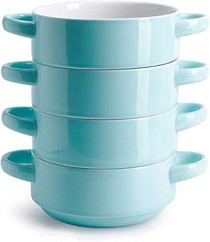 108.102 Porcelain Bowls with Handles - 20 Ounce for Soup, Cereal, Stew, Set of 4, Turquoise