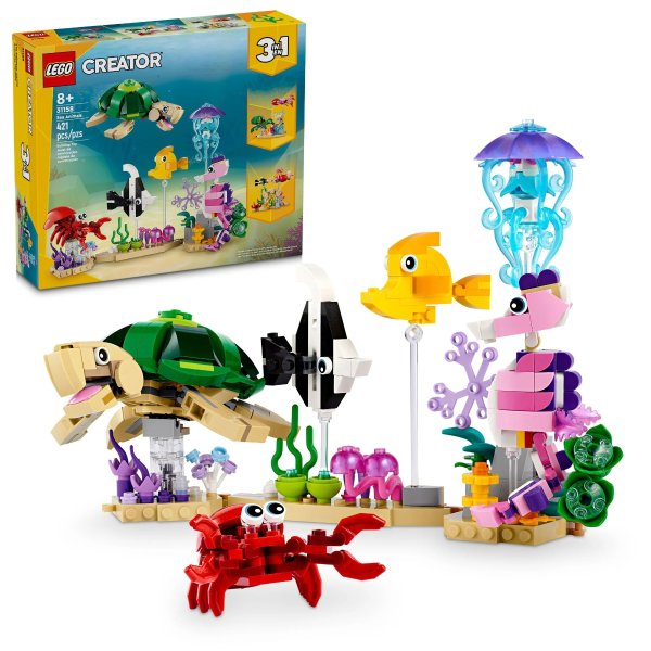 Creator 3 in 1 Sea Animals Toys Building Set for Kids, Transforms from Turtle to Fish Figures to Octopus and Squid Models, Birthday Gift Idea for Boys and Girls Ages 8 Years Old and Up, 31158