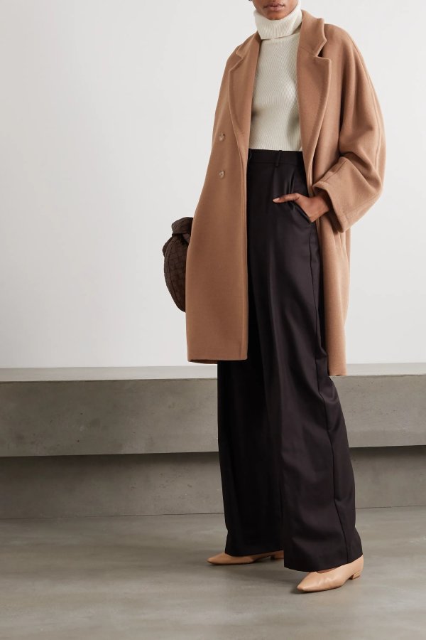 Belted double-breasted camel hair and wool-blend coat