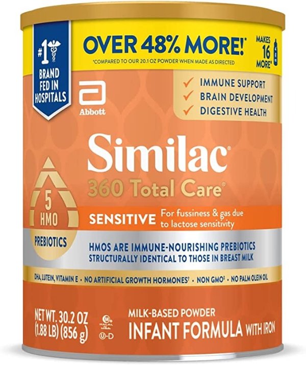 360 Total Care Sensitive Infant Formula, with 5 HMO Prebiotics, for Fussiness & Gas Due to Lactose Sensitivity, Non-GMO, Baby Formula Powder, 30.2-oz Can (Pack of 1)