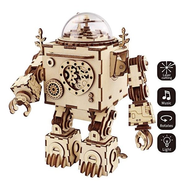 ROKR 3D Wooden Puzzle Music Box Machinarium Light-Laser Cut Craft Kit-DIY Robot Toy Figures for Boys and Girls-Gifts for Christmas/Birthday/Valentine's Day