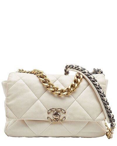 White Quilted Leather Large 19 Double Flap Bag (Authentic Pre-Owned) / Gilt