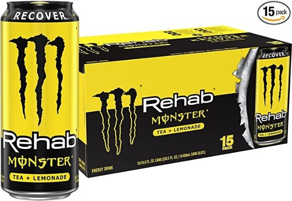 Monster Rehab Tea + Lemonade + Energy, Energy Iced Tea, Energy Drink 15.5 Ounce (Pack of 15)