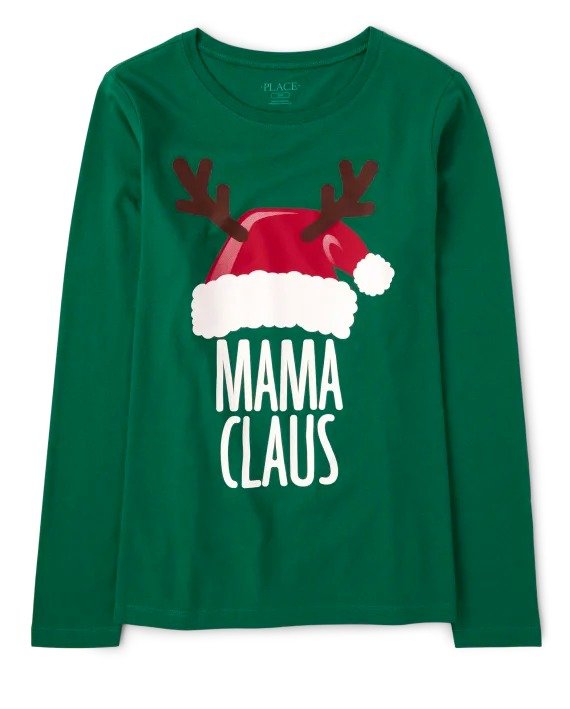 Womens Matching Family Mama Claus Graphic Tee - park bench green
