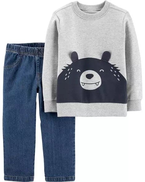 2-Piece Bear Pullover & Denim Pant Set