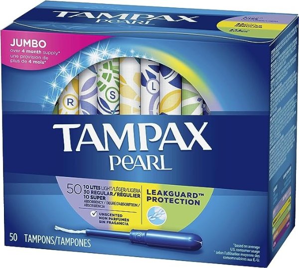 Tampax Pearl Plastic Tampons, Mutlipack, Light/Regular/Super Absorbency, Unscented, 47 Count (Packaging May Vary)