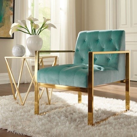 Turquoise Velvet Tufted Gold Frame Accent Chair