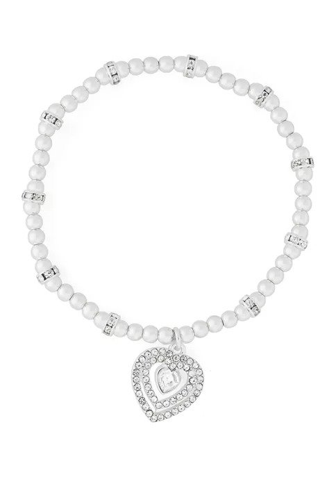 Silver Tone Crystal Pave Heart Stretch Bracelet - Boxed