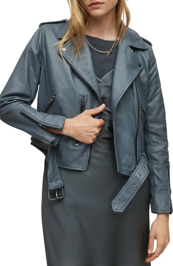 Women's Belted Crop Leather Moto Jacket