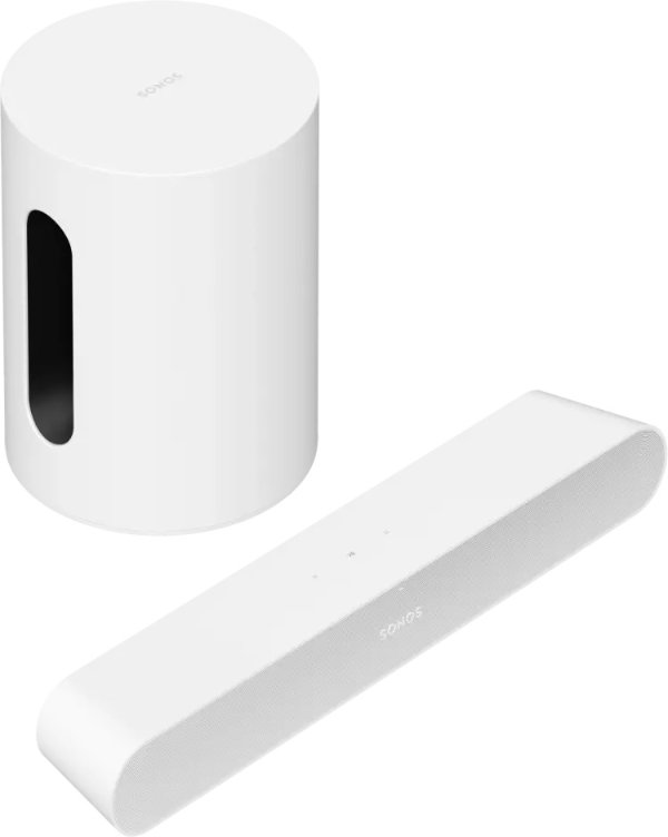 Ray Compact Soundbar (White) and Sub Mini Wireless Subwoofer (White)