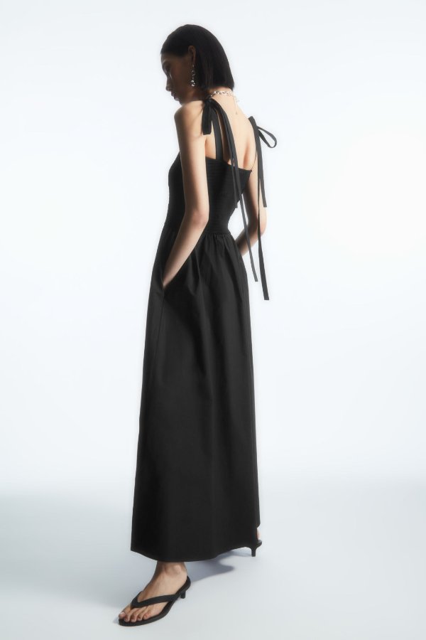 TIE-DETAIL SMOCKED MIDI DRESS - BLACK - Dresses - COS