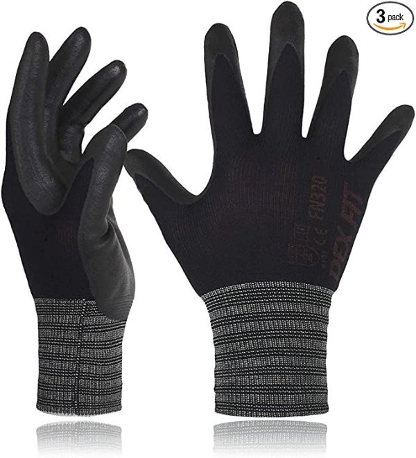 Nitrile Work Gloves FN320, 3D Comfort Stretch Fit, Power Grip, Durable Foam Coated, Thin & Lightweight Premium Nylon, Machine Washable, Black 8 (M) 3 Pairs