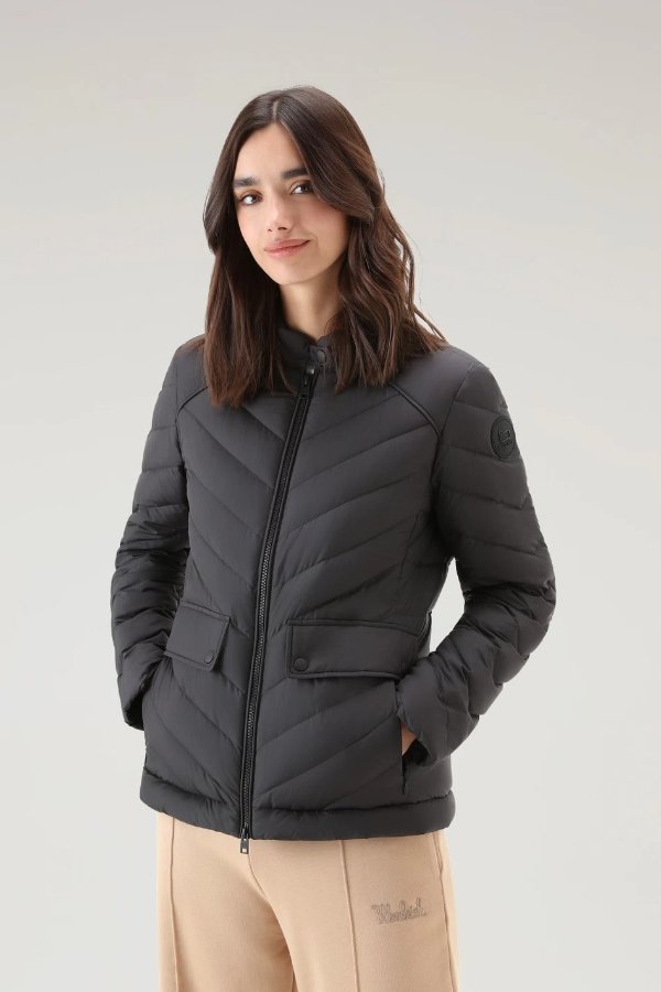 Short Padded Jacket with Chevron Quilting Black