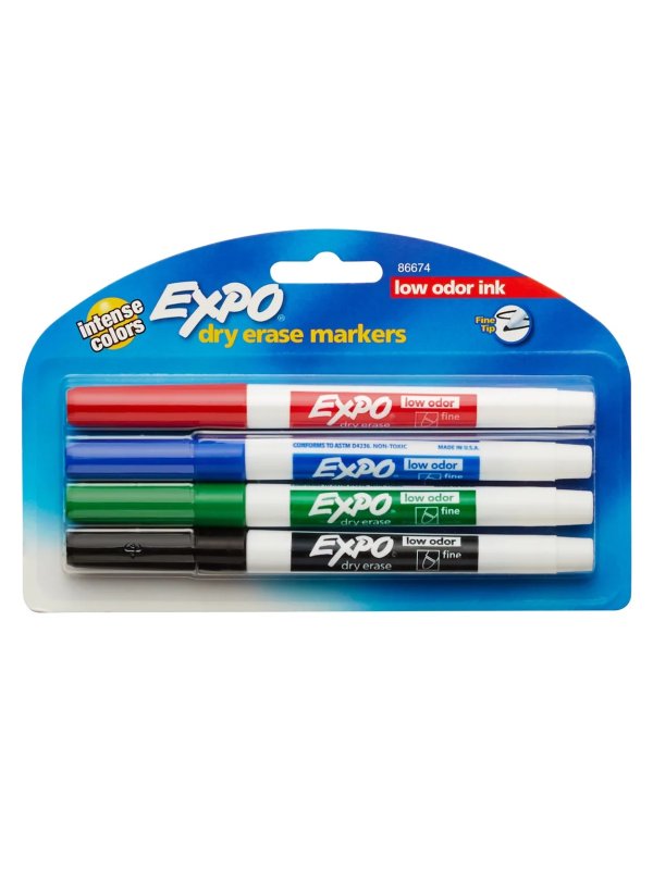 ® Low-Odor Dry-Erase Markers, Fine Point, Assorted Colors, Pack Of 4