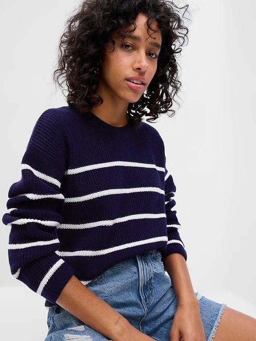 Shaker-Stitch Stripe Crewneck Sweater