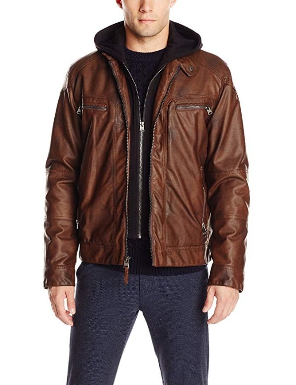 Men's Faux-Leather Moto Jacket with Hoodie