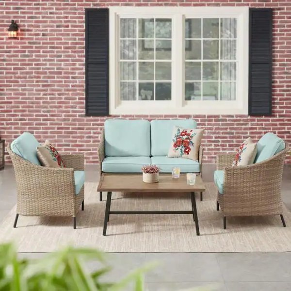 Park Pointe 4-Piece Wicker Patio Conversation Set with Seabreeze Cushions