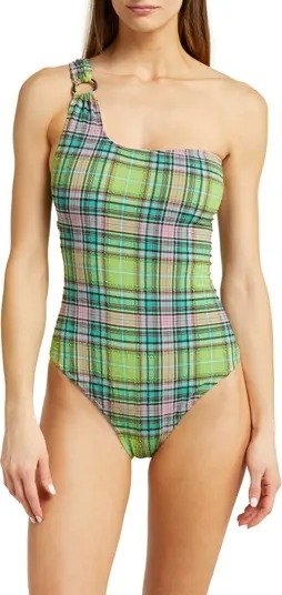 Plaid Seersucker One-Shoulder One-Piece Swimsuit