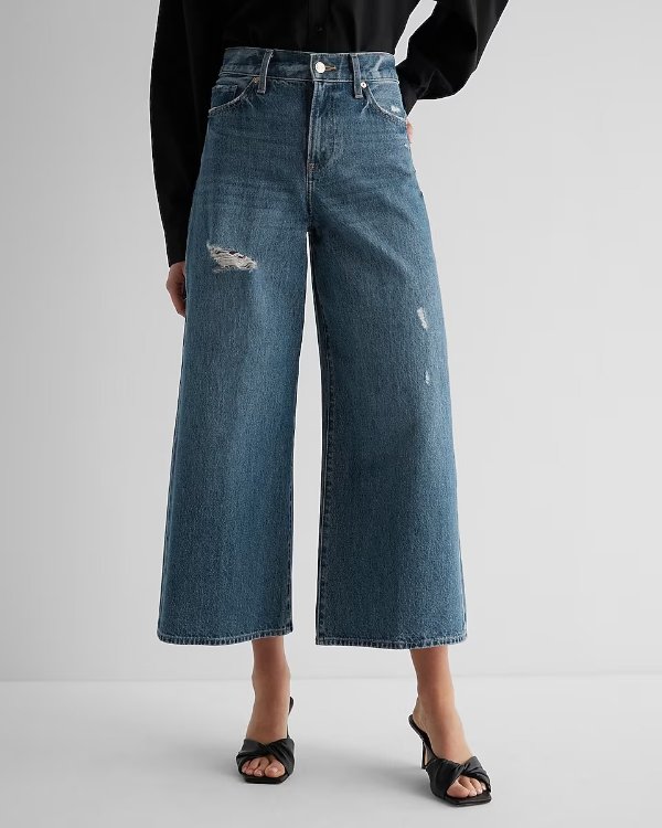 High Waisted Medium Wash Ripped Wide Leg Ankle Jeans