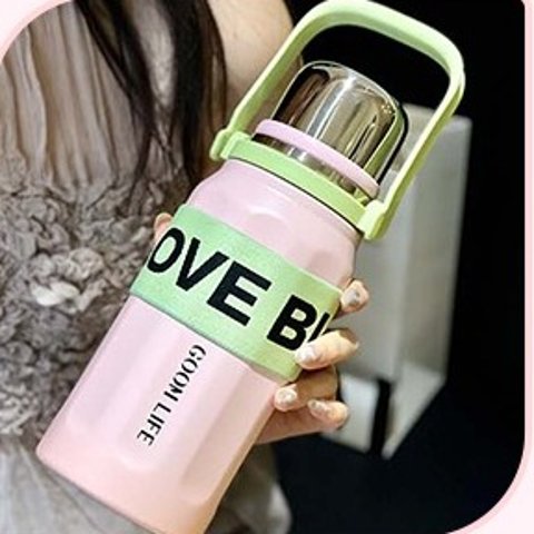 32 oz Thermos for Hot and Cold Drinks,18/10 Stainless Steel Insulated Coffee Thermos Water Bottle with Lid, Carrying Strap,Strainer,7-Layer Wall,Wide Mouth - Pink, Green