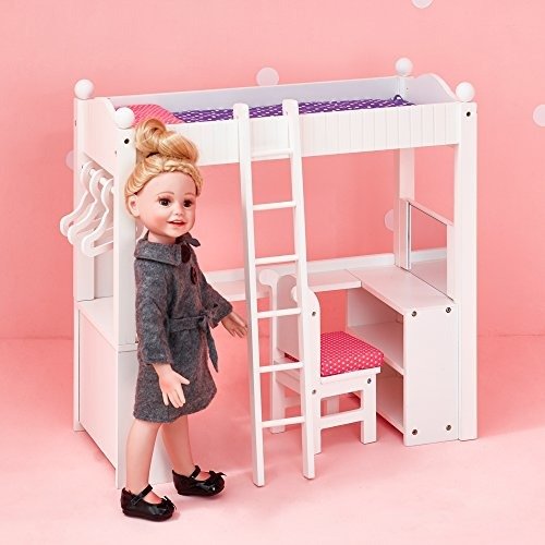 Olivia's Little World - Princess College Dorm Double Bunk Desk (Grey Polka Dots) | Wooden 18 inch Doll Furniture