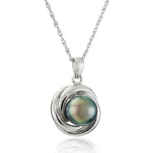 Sterling Silver Necklace with 8-8.5mm Black Pearl Love Knot Pendant, 18&quot;