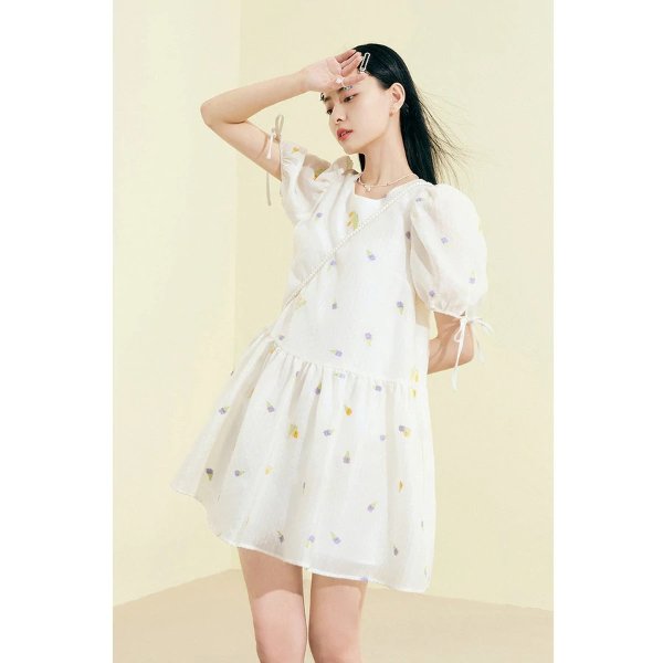 Sweet Floral Pattern Doll Short Dress | Peacebird Women Fashion