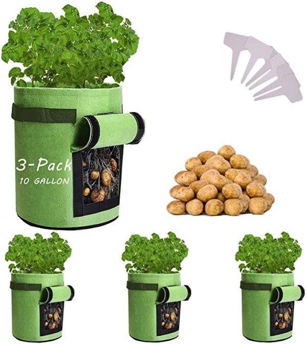 Potato-Grow-Bags, 3 Pack 10 Gallon Felt Potatoes Growing Containers with Handles&Access Flap for Vegetables,Tomato,Carrot, Onion,Fruits,Plants Planting Bag Planter (3-Pack)