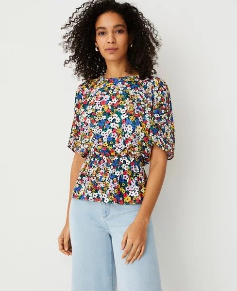 Floral Mixed Media Cinched Waist Top | Ann Taylor