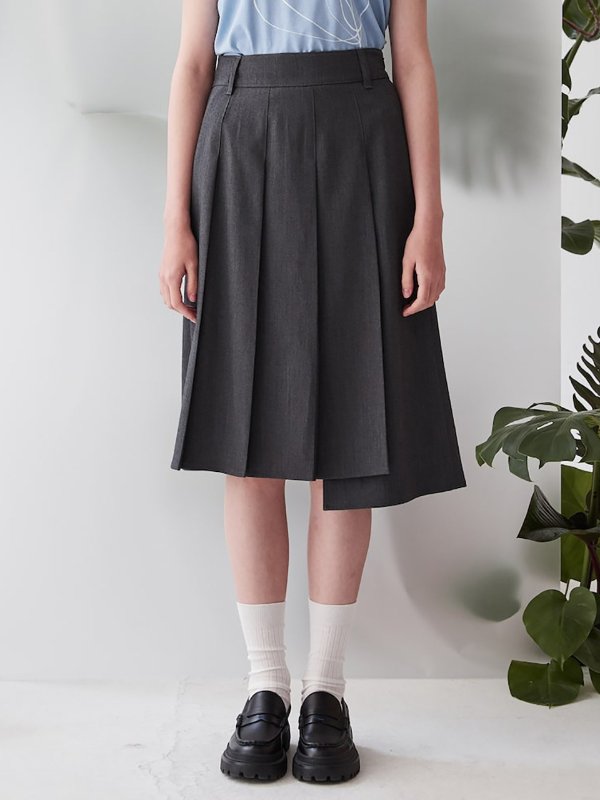 Asymmetric Pleats Midi Skirt_Grey
