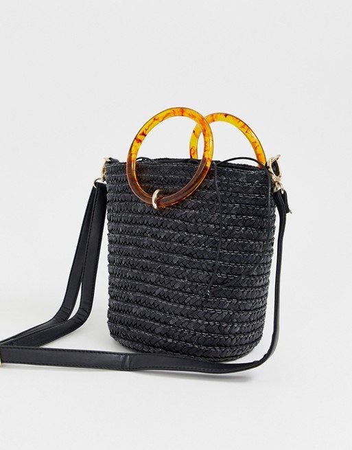 New Look straw resin handle bucket bag in black | ASOS