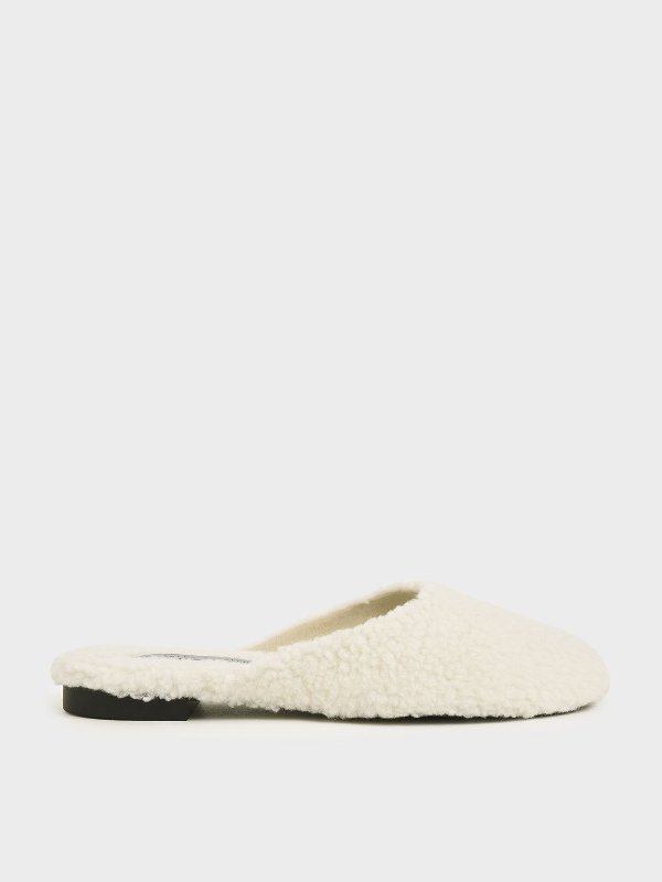 Chalk Furry Mule Flats | CHARLES &amp; KEITH
