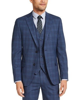Men's Slim-Fit Stretch Navy Blue Plaid Suit Jacket, Created for Macy's