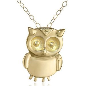 14k Yellow Gold Small Owl Pendant Necklace, 18"