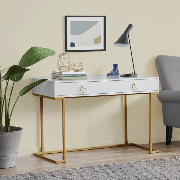BELLEZE 2-Drawer Computer Desk Table, Wood & Metal, White & Gold - standard