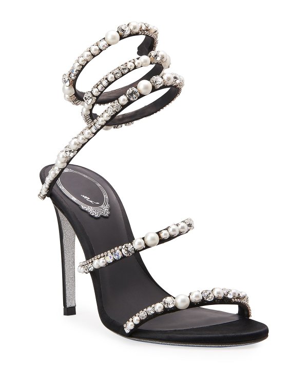 105mm Shimmery Snake Ankle-Wrap Sandals