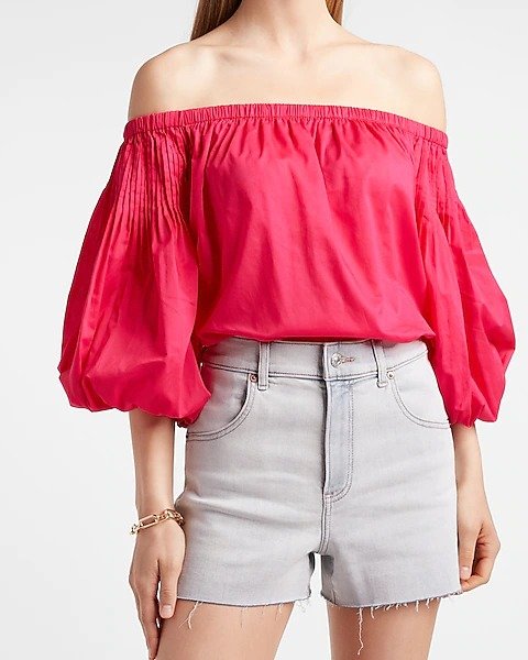 Pleated Off The Shoulder Balloon Sleeve Thong Bodysuit