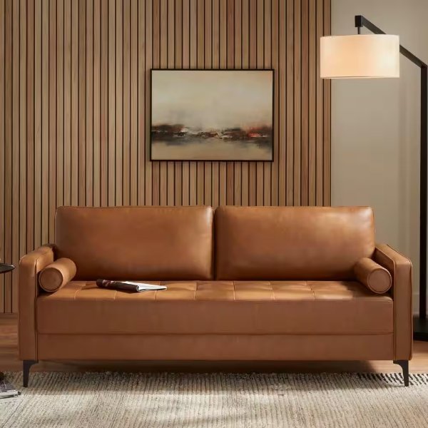 Goodwin Mid-Century Modern Vegan Leather Sofa with Throw Pillows in Carmel Brown (75.6 in. L)