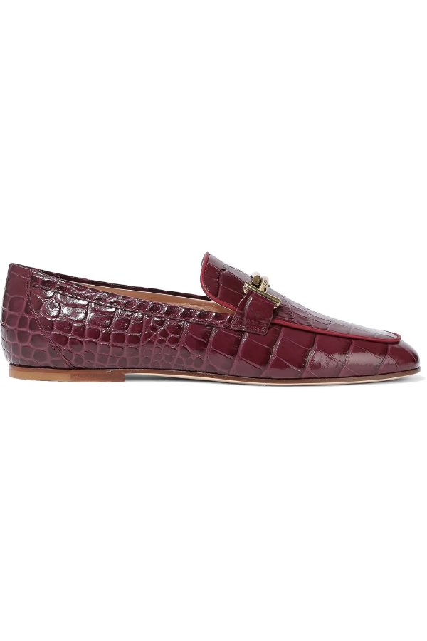 Embellished croc-effect leather loafers