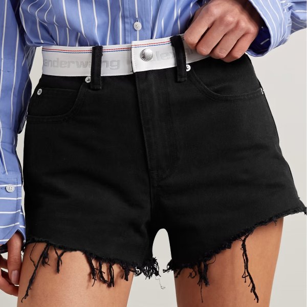 Jacquard-trimmed frayed denim shorts