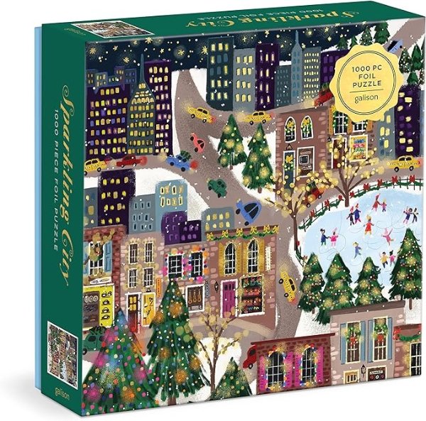 Sparkling City – 1000 Piece Foil Puzzle with Illustrations of Colorful Merriments in The City with Gold Foil Accents